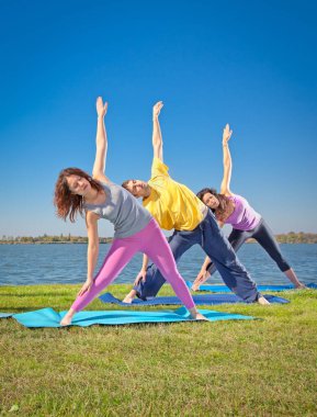 Ağaç insanları, güneşli bir günde göl kenarında yoga yapıyorlar. Yoga konsepti.