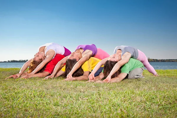 Pareja Árboles Hombre Mujer Practican Yoga Asana Orillas Del Lago — Foto de Stock