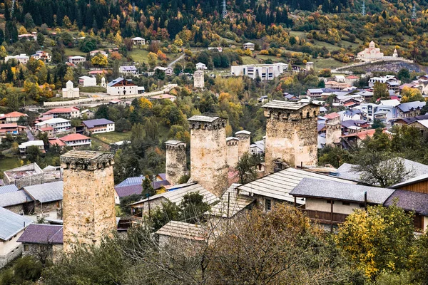 Antiguas Torres Svan Ciudad Mestia Región Svaneti Georgia Europa Gran —  Fotos de Stock