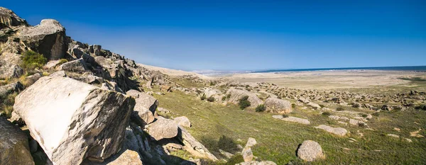 Panoramatický Výhled Národní Park Qobustan Kaspické Jezero Ázerbájdžán — Stock fotografie