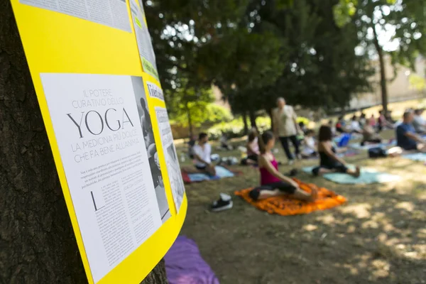 Yoga dersi park, yaz, bir öğretmen ile açıklamak doğru pozisyonlar