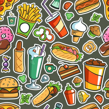 Sorunsuz kiremitli arka plan. Fast Food çizimler.