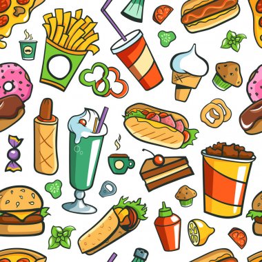 Sorunsuz kiremitli arka plan. Fast Food çizimler.