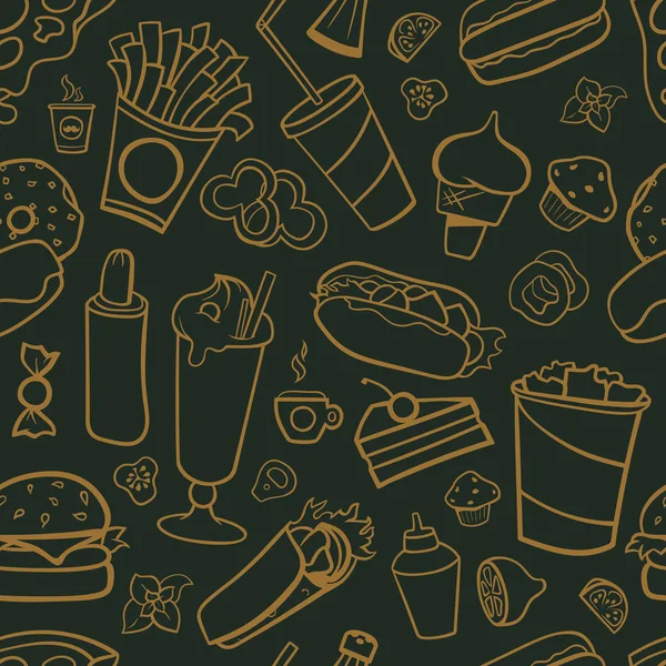 Fast Food zeichnet nahtlose Muster. Zeilenkunst mit dunklem Hintergrund — Stockvektor