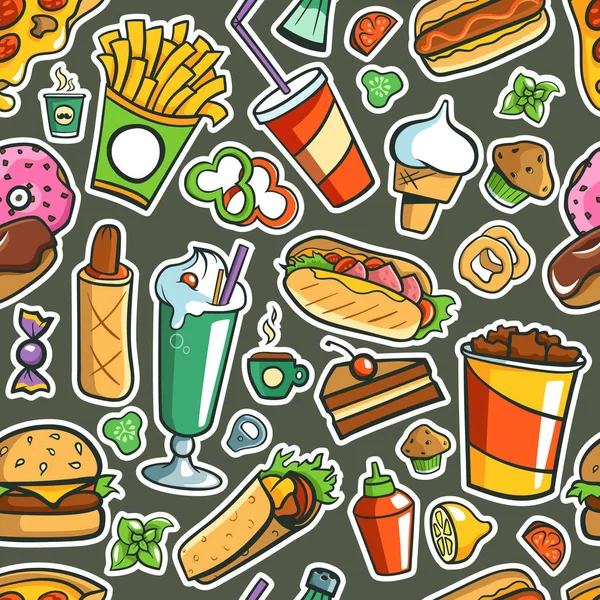 Gekachelt nahtlosen Hintergrund. Fast-Food-Zeichnungen. — Stockvektor