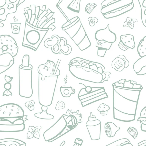 Dibujos de comida rápida patrón sin costura. Artes de línea con fondo blanco — Vector de stock