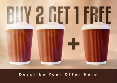 Kahve 2 artı 1 Banner kavramı Cappuccino arka plan. Vektör Eps10