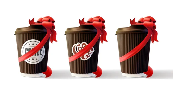 Káva zvlnění poháry s červeným luky izolovaných na bílém pozadí — Stockový vektor
