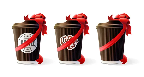 Kávé gyűrűző csészék és piros íjak elszigetelt fehér Background — Stock Vector