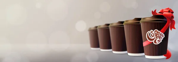 Koffie to Go. Rimpel Cups met Gift Cup. Bokeh Cappuccino achtergrond — Stockfoto