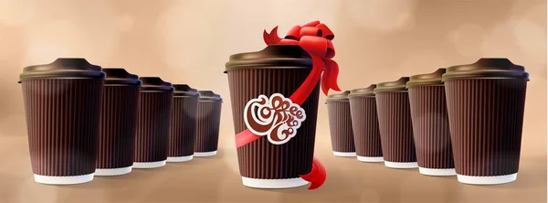 Koffie to Go. Rimpel Cups met Gift Cup en Logo. Bokeh Cappuccino achtergrond — Stockvector