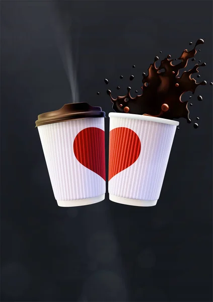 Modelo de pôster de amor de café. Copos de ondulação branca com um coração vermelho e respingo em um fundo preto —  Vetores de Stock