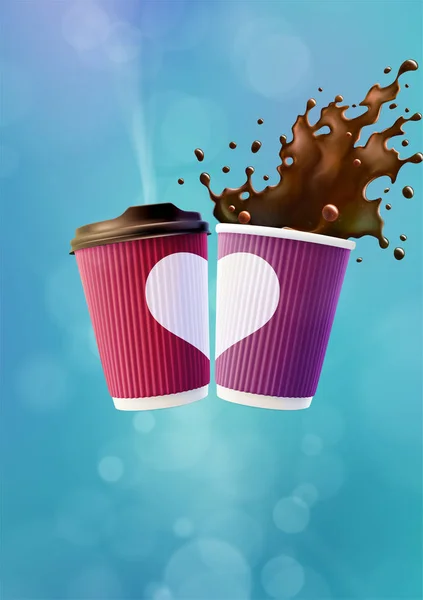 Modèle d'affiche d'amour café. Tasses ondulées roses et violettes avec un cœur blanc et éclaboussures sur un fond de ciel bleu — Image vectorielle