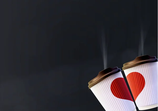 Modelo de pôster de amor de café. Copos de ondulação branca com um coração vermelho em um fundo preto — Vetor de Stock