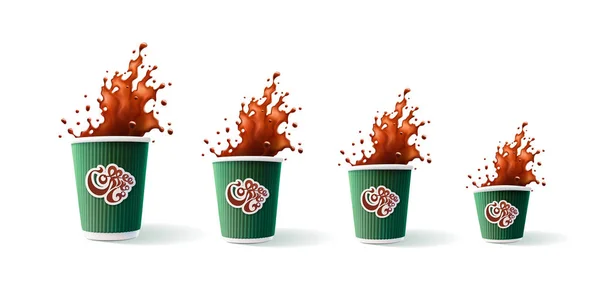 Café verde ondulação copos com café para ir logotipo e respingo 4 tamanhos isolados em um fundo branco —  Vetores de Stock