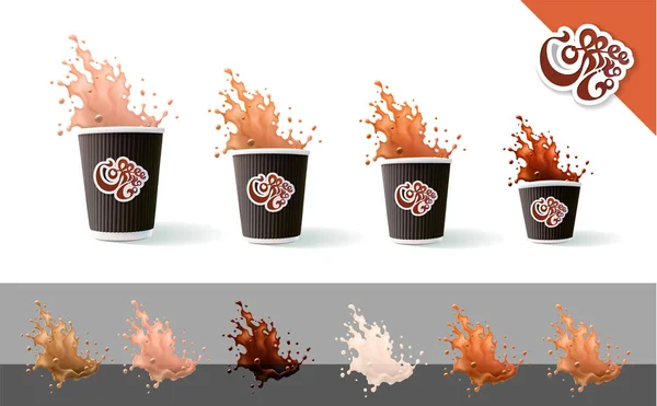 Coffee to go. Kaffee und Milch. Wellenbecher und Spritzer isoliert auf weißem Hintergrund — Stockvektor