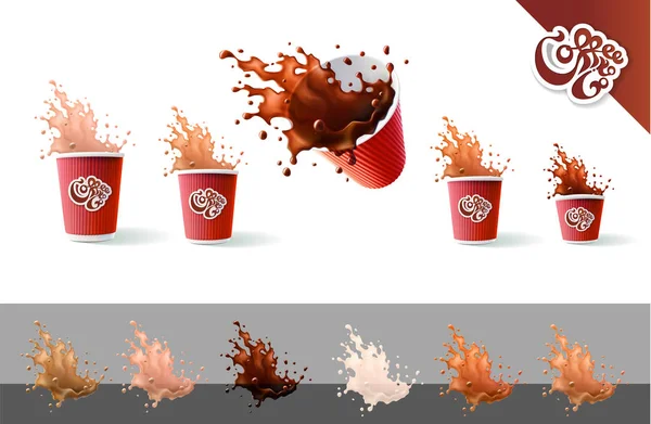 Coffee to go. Kaffee und Milch. Rote Wellenbecher und Spritzer isoliert auf weißem Hintergrund — Stockvektor