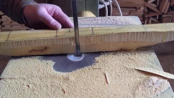 Man Werkend Hout Met Elektrische Verticale Zaag — Stockvideo