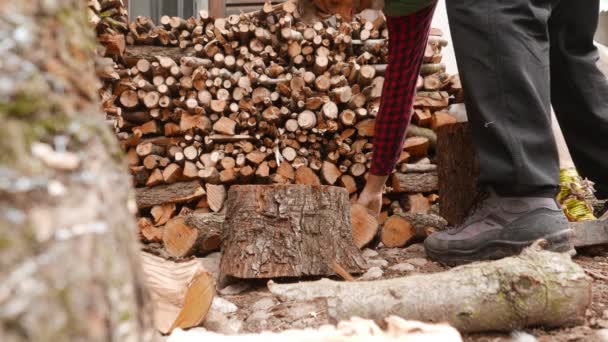 Man Met Een Oude Bijl Hakt Brandhout Log — Stockvideo