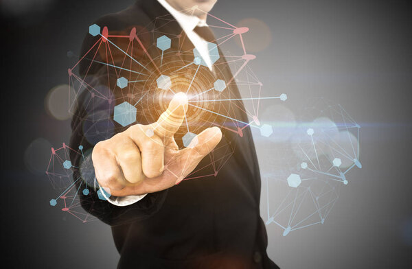 Технологии будущего. сенсорная кнопка на синем фоне
