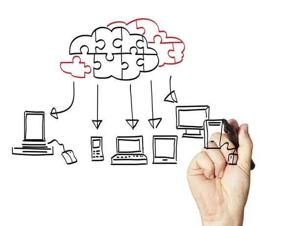 Affärsman Som Ritar Cloud Computing Whiteboard — Stockfoto