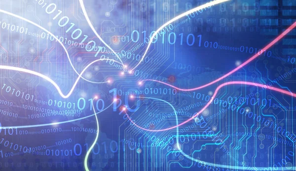 Optik iplikler. Derin uzayda mavi parlayan yeni teknoloji,