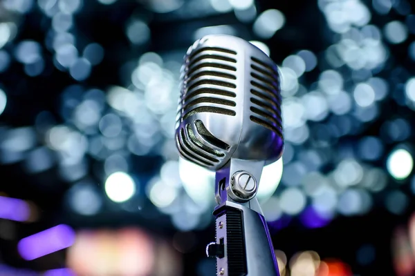 Karaoke Background Silver Vintage Microphone Bokeh Close Retro Microphone Concert — Stock Photo, Image