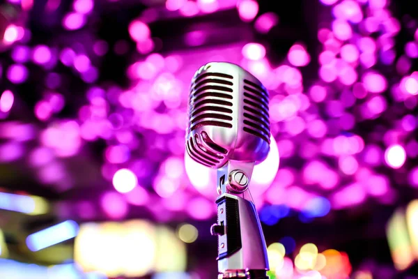 Karaoke Background Silver Vintage Microphone Bokeh Close Retro Microphone Concert — Stock Photo, Image