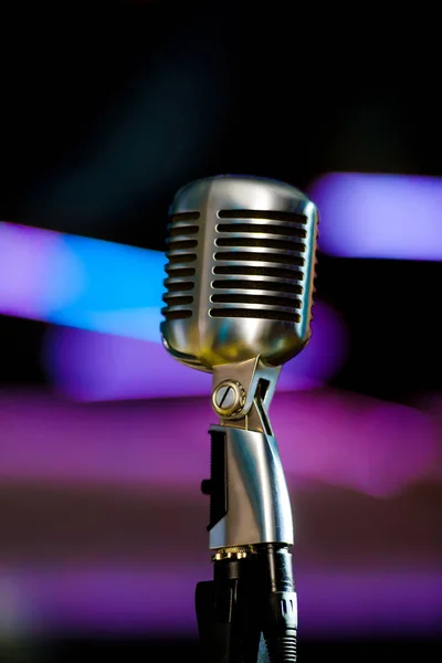 Karaoke Background Silver Vintage Microphone Bokeh Close Retro Microphone Concert — Stock Photo, Image