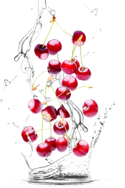 Cerises Mouvement Avec Éclaboussures Eau — Photo