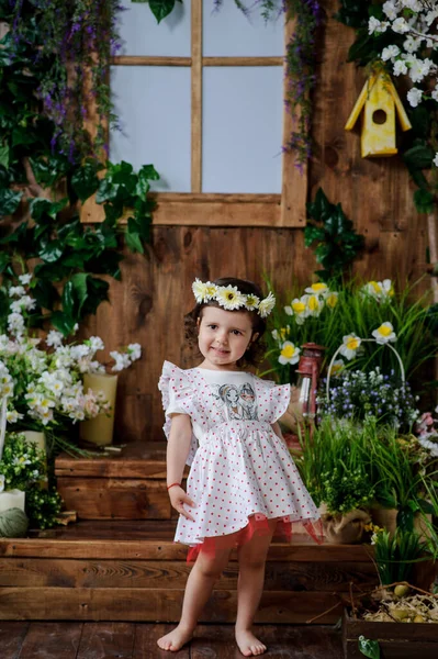 Little girl in light spring dress, in the studio, decorated with spring decoration flowers in pots and greens, summer, green, fresh