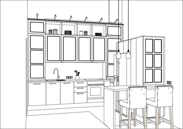 3d 矢量草图。经典的厨房设计在公寓内部。厨房素描与装饰品和用具. — 图库矢量图片