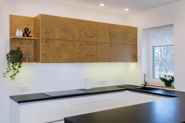 Modern Daire iç. Hafif iç ahşap desenli modern mutfak tasarımı. Kombine mutfak ve oturma odası. Avrupa mobilya, tasarım, teknoloji. Boyalı cephe. Siyah masa üstü.