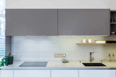 3b vektör çizimi. Ev iç modern mutfak tasarımı. Mutfak krokisi. Ayrıca mutfak aletleri ve dekorasyon bulunmaktadır. Ana Sayfa İç Tasarım Yazılım Programları.Proje yönetimi.