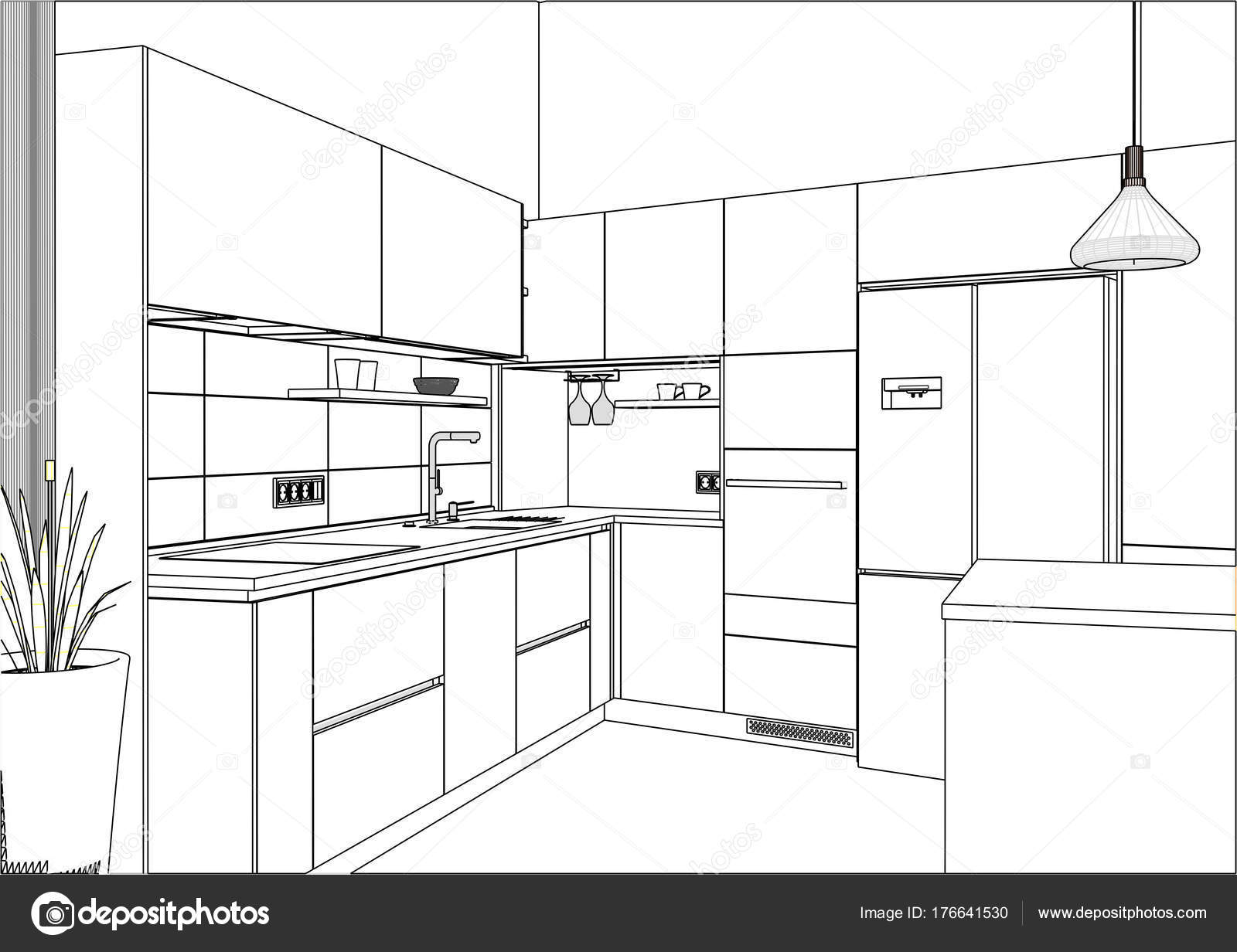 Bosquejo Vectorial Diseño Moderno Cocina Interior Del Hogar Esbozo