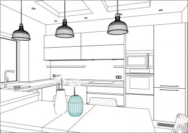 3b vektör çizimi. Ev iç modern mutfak tasarımı. Dekorasyon ve aletleri ile mutfak kroki. Kolye ışığı. Ayrıca odada bir mutfak adası bulunmaktadır. Çizgiler, projeksiyon, inşaat.