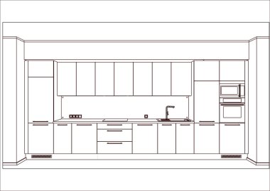 3b vektör. Hafif iç güzel modern doğrusal mutfak tasarımı. Mutfak krokisi. Ayrıca mutfak aletleri ve dekorasyon bulunmaktadır. Ev Tasarım Yazılım Programları. Proje yönetimi.