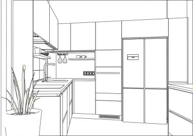 3D vektör kroki. Ev iç modern mutfak tasarımı. 