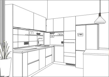 3b vektör çizimi. Ev iç modern mutfak tasarımı. Mutfak krokisi. Ayrıca mutfak aletleri ve dekorasyon bulunmaktadır. Çizgiler, projeksiyon, inşaat, aletleri, dekorasyon, sanat, stil