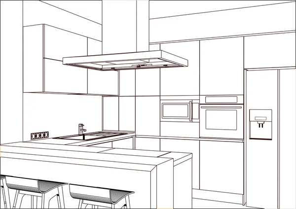 Sketsa Dapur Ada Juga Semenanjung Dapur Dalam Ruangan Dapur Dan - Stok Vektor