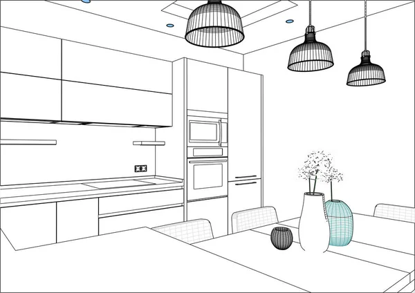 Sketsa Dapur Dengan Dekorasi Dan Peralatan Pendant Cahaya Ada Juga - Stok Vektor
