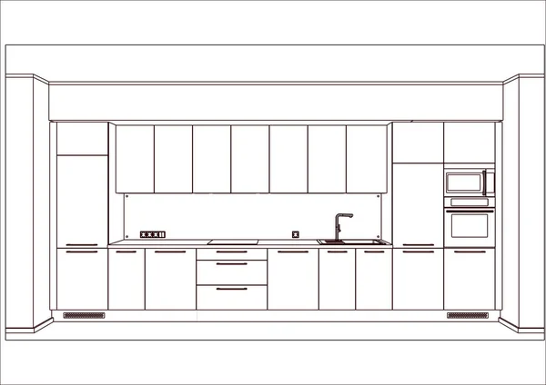 Vettore Bella Cucina Lineare Moderna Design Interni Leggeri Schizzo Della — Vettoriale Stock