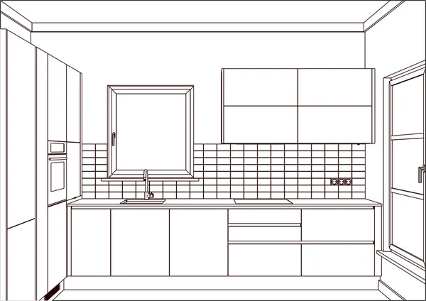 Vector Mooie Moderne Lineaire Keuken Ontwerp Lichte Interieur Keuken Schets — Stockvector