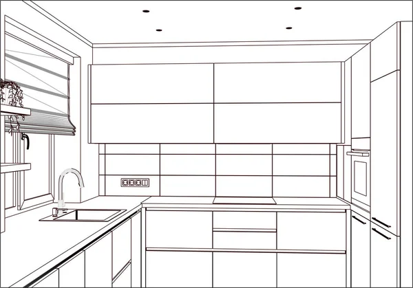 Desenho Vetorial Design Cozinha Moderna Casa Interior Esboço Cozinha Também — Vetor de Stock