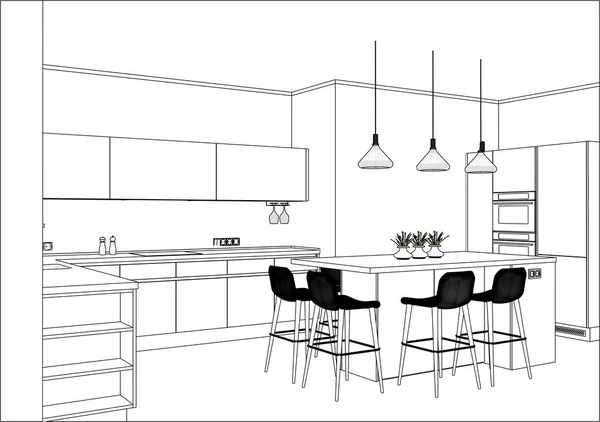 Küchenskizze Mit Dekorationen Und Geräten Gibt Auch Eine Kücheninsel Zimmer — Stockvektor