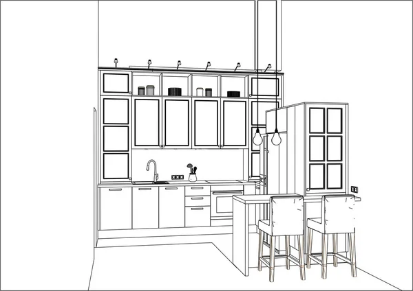 Esboço Cozinha Com Decorações Eletrodomésticos Também Uma Mesa Cozinha Quarto — Vetor de Stock