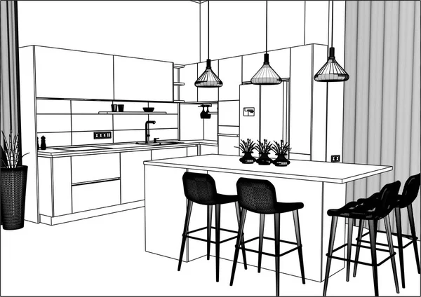 Küchenskizze Gibt Auch Eine Kücheninsel Zimmer Küche Und Wohnzimmer Kombiniert — Stockvektor