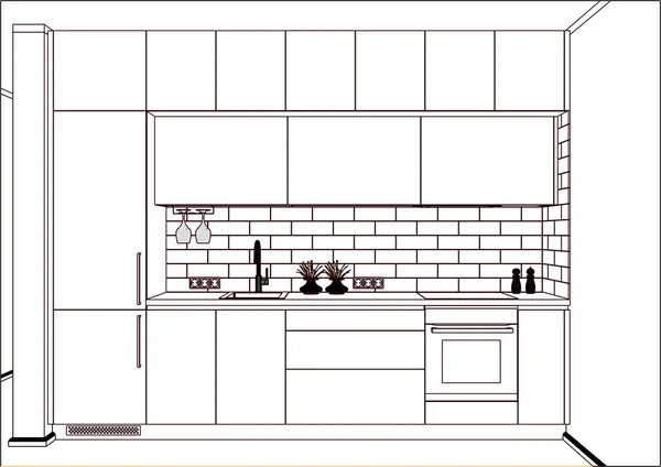 Vektör Çizimi Modern Lineer Mutfak Mobilyaları Tasarımı Mutfak Krokisi Aletler — Stok Vektör