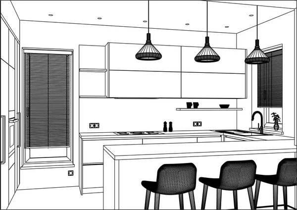 Küchenskizze Gibt Auch Eine Küchenhalbinsel Raum Küche Und Wohnzimmer Kombiniert — Stockvektor