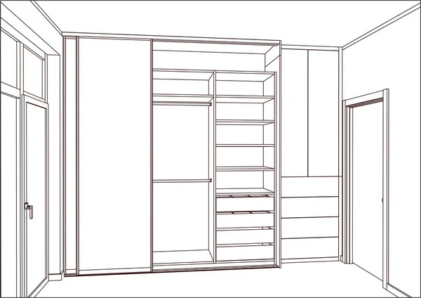 3D векторний ескіз. Порожня шафа з розсувними дверима в інтер'єрі . — стоковий вектор